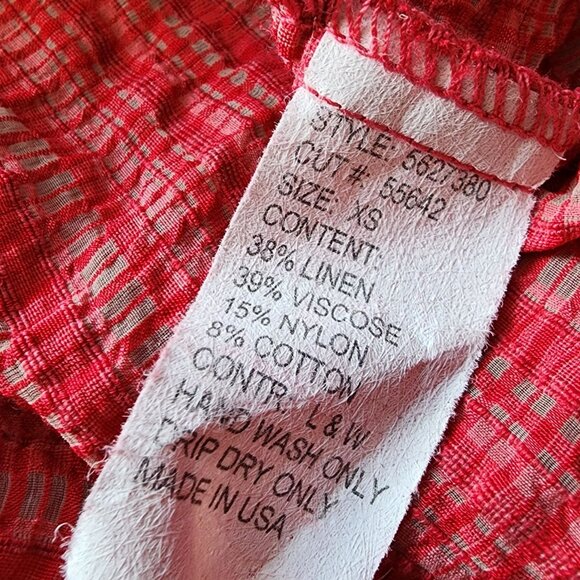 Cut Loose Womens XS Top Linen Blend Crinkle Plaid Red Long Sleeve Button Down - Picture 7 of 8